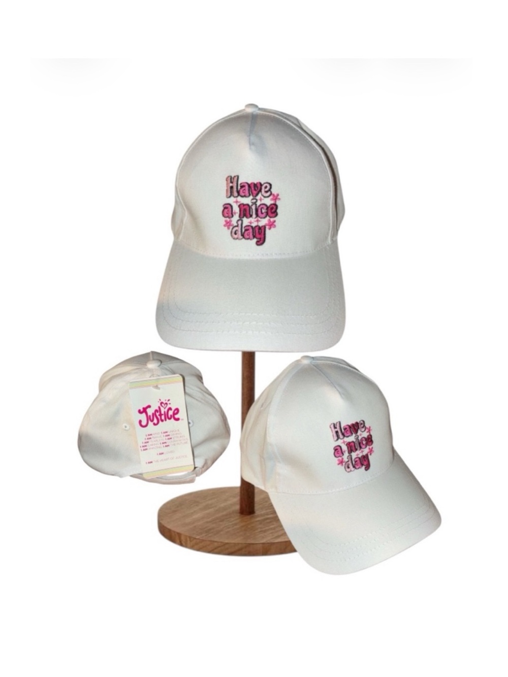 Justice Kids White Cap with Pink Embroidery “Have A Nice Day”